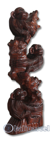 Wooden 3 Monkey, Hand Carved From Suar Wood With Brown Polished
