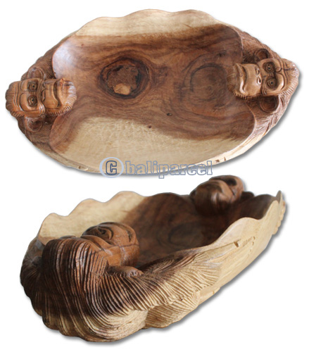 Wooden Bowl Monkey, Hand Carved From Suar Wood Natural Polished
