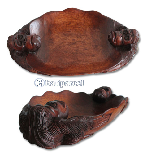 Wooden Bowl Monkey, Hand Carved From Suar Wood Brown Polished
