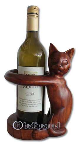 Wooden Cat Wine Bottle Holder, Hand Carved From Suar Wood With Brown Polished