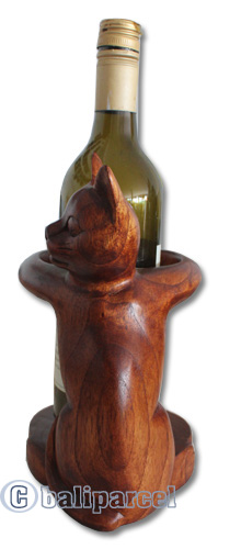 Wooden Cat Wine Bottle Holder, Hand Carved From Suar Wood With Brown Polished
