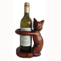 Wooden Cat Wine Bottle Holder, Hand Carved From Suar Wood With Brown Polished