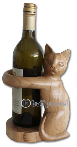 Wooden Cat Wine Bottle Holder, Hand Carved From Suar Wood With Natural Polished