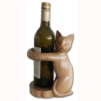 Wooden Cat Wine Bottle Holder, Hand Carved From Suar Wood With Natural Polished