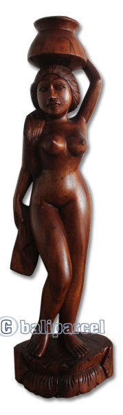 Wooden Balinese Statue, Hand Carved From Suar Wood Brown Polished