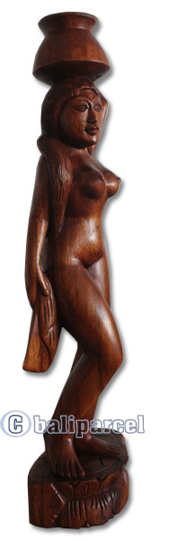 Wooden Balinese Statue, Hand Carved From Suar Wood Brown Polished