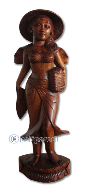 Wooden Balinese Statue, Hand Carved From Suar Wood Brown Polished