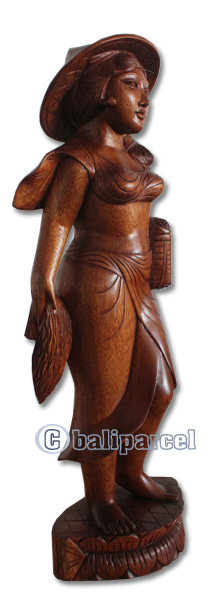 Wooden Balinese Statue, Hand Carved From Suar Wood Brown Polished