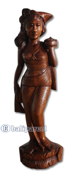 Wooden Balinese Statue, Hand Carved From Suar Wood Brown Polished