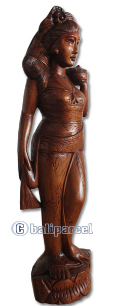Wooden Balinese Statue, Hand Carved From Suar Wood Brown Polished