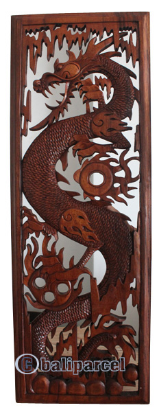 Wooden Dragon Wallhanging, Hand Carved From Suar Wood Brown Polished
