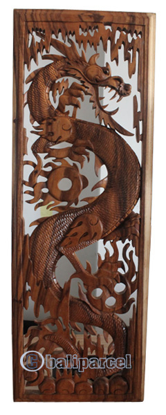 Wooden Dragon Wallhanging, Hand Carved From Suar Wood Natural Polished