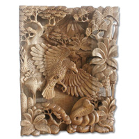 Wooden Eagle With Cobra Wallhanging, Hand Carved From Suar Wood With Natural Polish