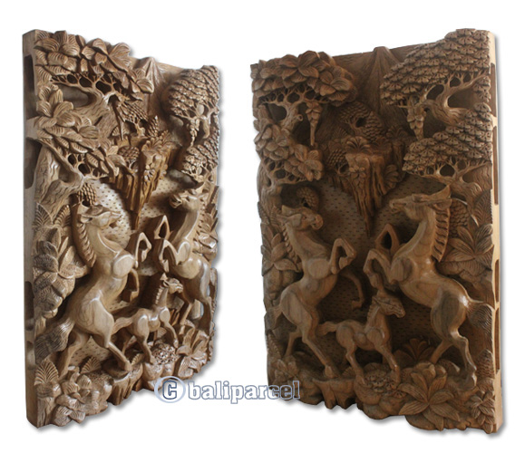 Wooden 3 Horse Wallhanging, Hand Carved From Suar Wood With Natural Polish