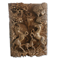 Wooden 3 Horse Wallhanging, Hand Carved From Suar Wood With Natural Polish