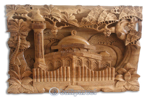 Wooden Mesjid Wallhanging, Hand Carved From Suar Wood With Natural Polish