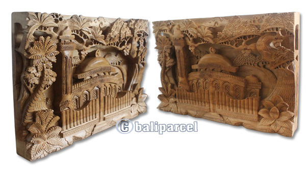Wooden Mesjid Wallhanging, Hand Carved From Suar Wood With Natural Polish