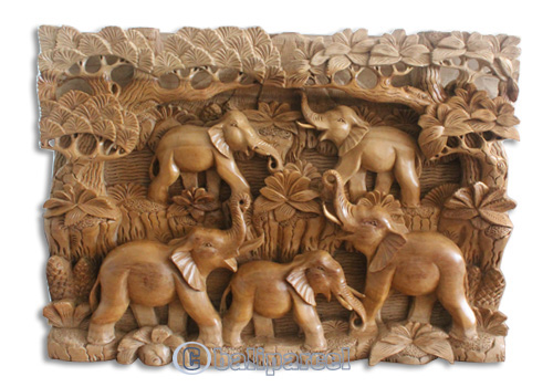 Wooden Wallhanging, 5 Elephant Made From Suar Wood With Natural Polished