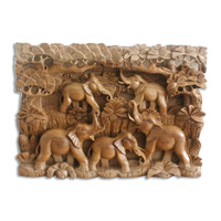 Wooden Wallhanging, 5 Elephant Made From Suar Wood With Natural Polished