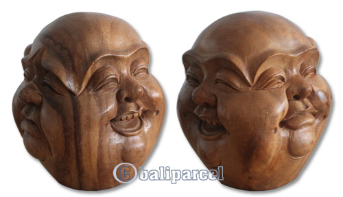 Buddha Head On 4 Face, Sad, Happy, Angry, Smile Hand Carved From Suar Wood With Natural Polished