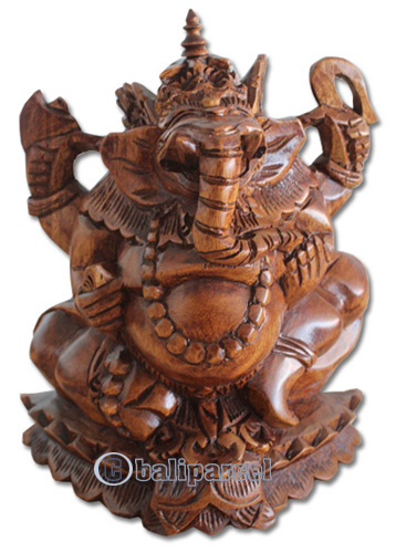 Wooden Ganesha Statue, Hand Carved From Suar Wood Brown Polished