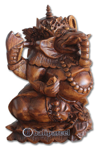 Wooden Ganesha Statue, Hand Carved From Suar Wood Brown Polished