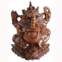 Wooden Ganesha Statue, Hand Carved From Suar Wood Brown Polished