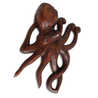 Wooden Octopus, Hand Carved From Hibiscus Wood With Brown Polished