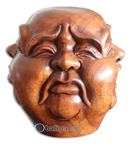 Buddha Head O 4 Face, Sad, Happy, Angry, Smile, Hand Carved From Suar Wood With Brown Polished
