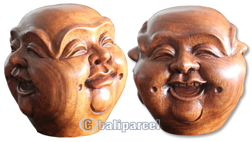 Buddha Head O 4 Face, Sad, Happy, Angry, Smile, Hand Carved From Suar Wood With Brown Polished