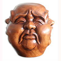 Buddha Head O 4 Face, Sad, Happy, Angry, Smile, Hand Carved From Suar Wood With Brown Polished