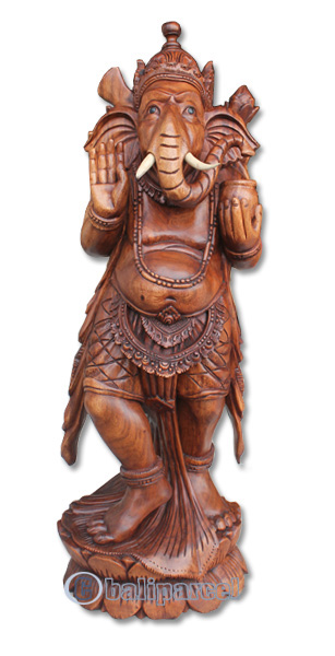 Wooden Ganesha Statue, Hand Carved From Suar Wood Brown Polished