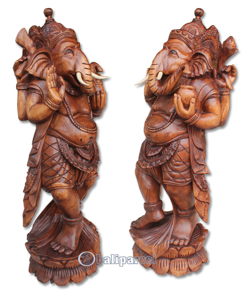 Wooden Ganesha Statue, Hand Carved From Suar Wood Brown Polished