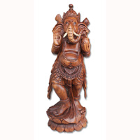 Wooden Ganesha Statue, Hand Carved From Suar Wood Brown Polished