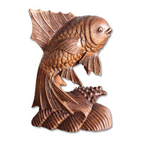 Wooden Fish, Hand Carved From Suar Wood With Brown Polished