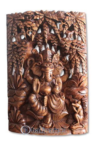 Wooden Ganesha Wallhanging, Hand Carved From Suar Wood With Brown Polished