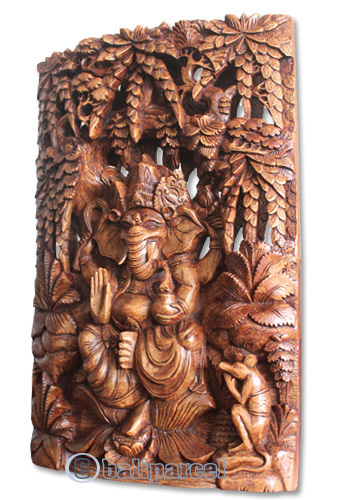 Wooden Ganesha Wallhanging, Hand Carved From Suar Wood With Brown Polished