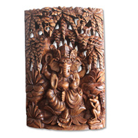 Wooden Ganesha Wallhanging, Hand Carved From Suar Wood With Brown Polished