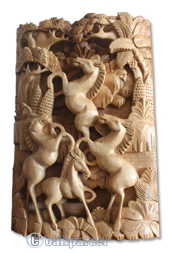 Wooden 4 Horse Wallhanging, Hand Carved From Suar Wood With Natural Polish