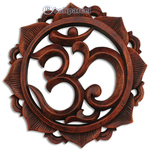 Wooden Wallhanging, OM, Made From Suar Wood Brown Polished