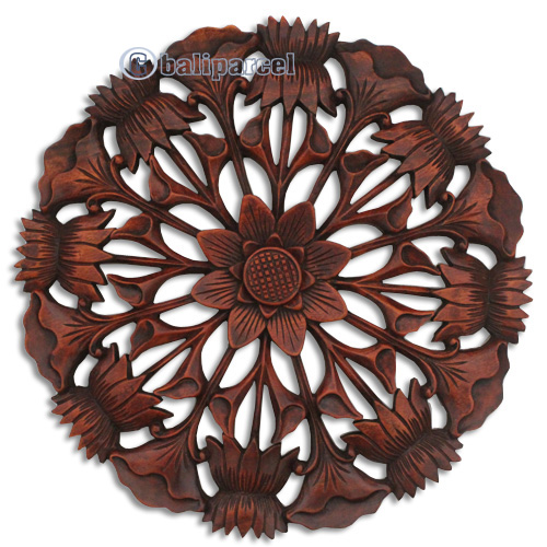 Wooden Lotus Wallhanging, Hand Carved From Suar Wood With Brown Polished