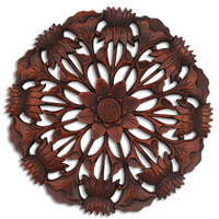 Wooden Lotus Wallhanging, Hand Carved From Suar Wood With Brown Polished