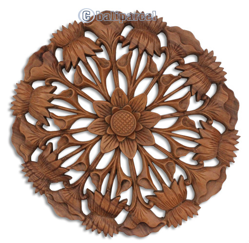 Wooden Lotus Wallhanging, Hand Carved From Suar Wood With Natural Polished