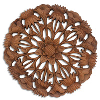 Wooden Lotus Wallhanging, Hand Carved From Suar Wood With Natural Polished