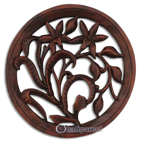 Wooden Orchid Wallhanging, Hand Carved From Suar Wood With Brown Polished