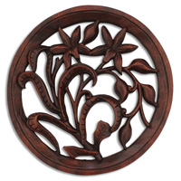 Wooden Orchid Wallhanging, Hand Carved From Suar Wood With Brown Polished