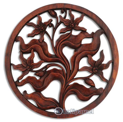 Wooden Orchid Wallhanging, Hand Carved From Suar Wood With Brown Polished