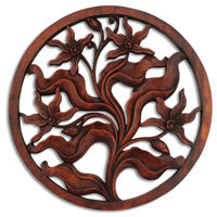 Wooden Orchid Wallhanging, Hand Carved From Suar Wood With Brown Polished