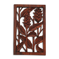 Wooden Banana Leaf Wallhanging, Hand Carved From Suar Wood With Brown Polished