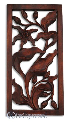Wooden Orchid Wallhanging, Hand Carved From Suar Wood With Brown Polished
